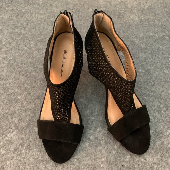 BCBGeneration Kadia Women’s Black Leather Heel Back Zipper Lattice Cage Shoes - Picture 1 of 12